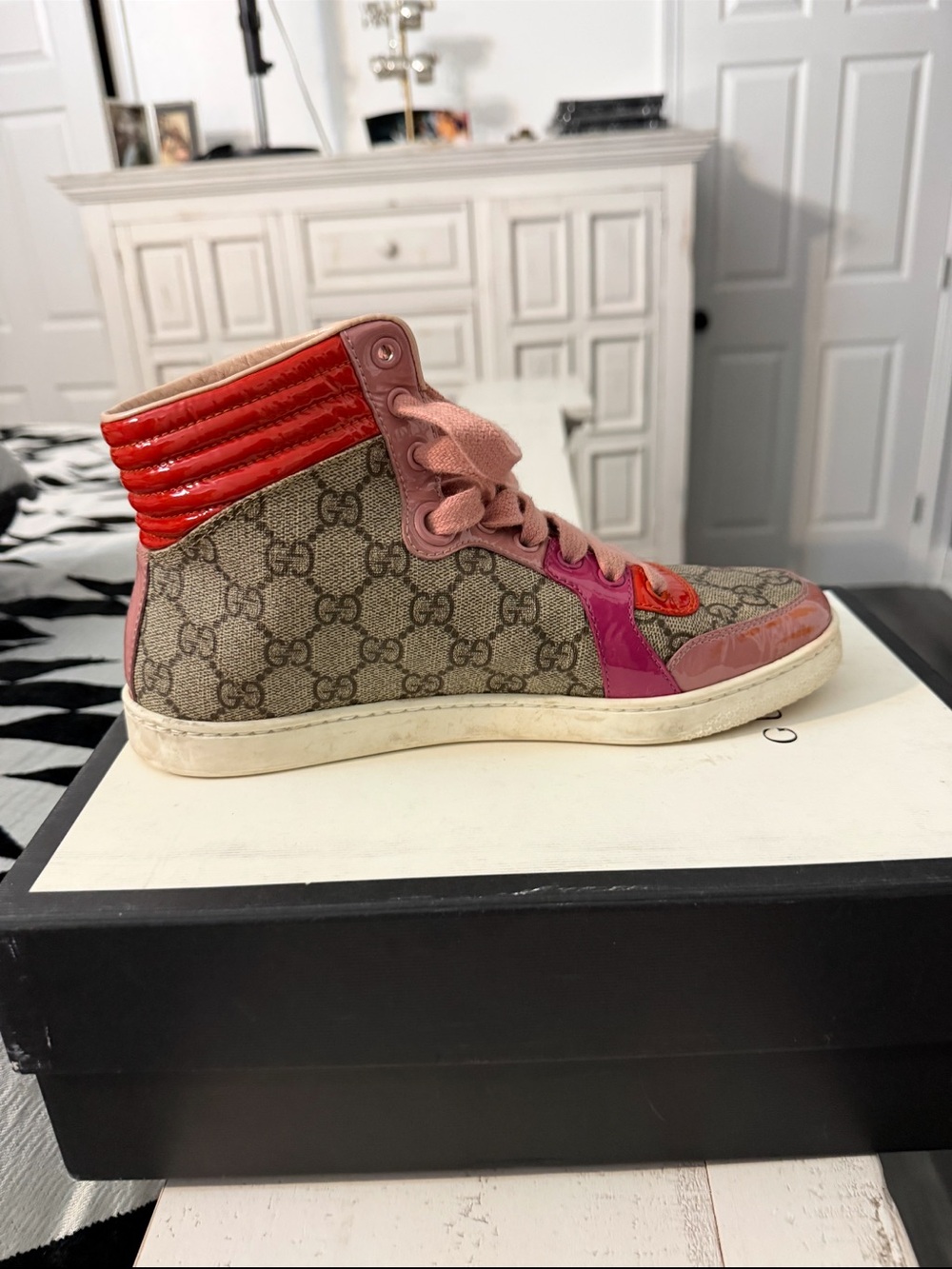 Gucci Brown GG Canvas High-Top Sneaker with Pink & Red Accents